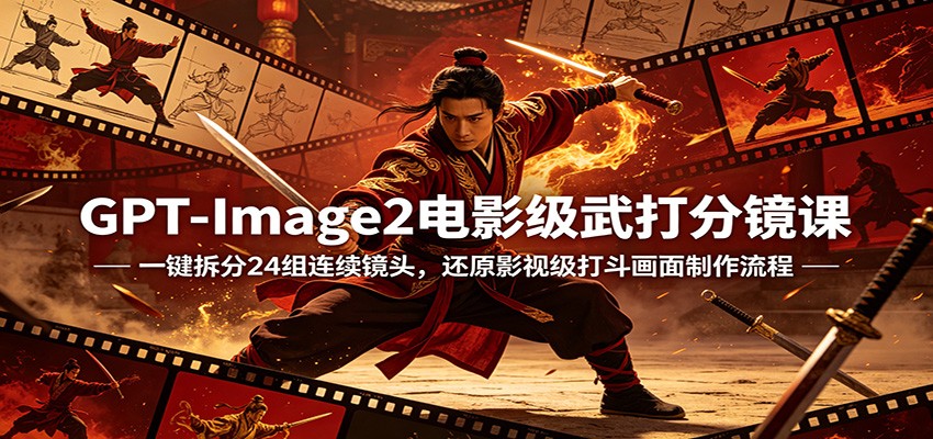 GPT-Image2电影级武打分镜课：一键拆分24组连续镜头，还原影视级打斗画面制作流程-hcnxn