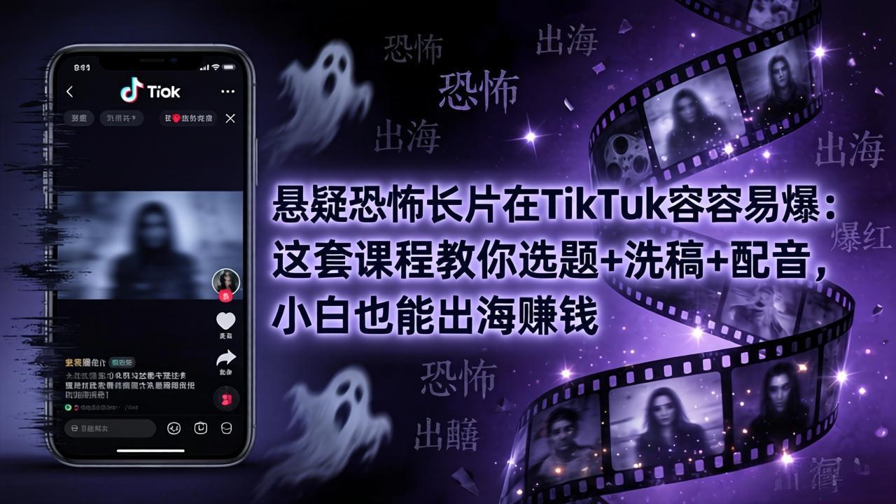 悬疑恐怖长片在TikTok最容易爆：这套课程教你选题+洗稿+配音，小白也能出海赚钱-hcnxn