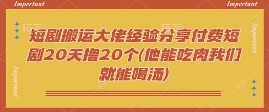 短剧搬运大佬经验分享付费短剧20天撸20个(他能吃肉我们就能喝汤)-hcnxn