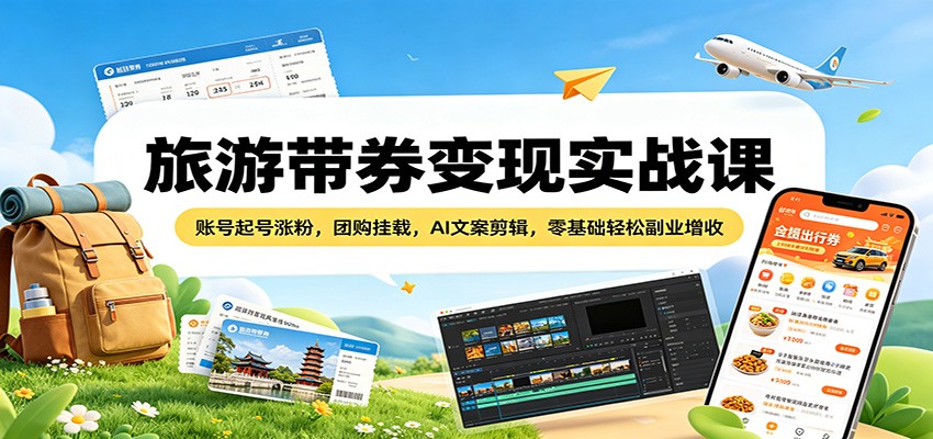 旅游带券变现实战课：账号起号涨粉，团购挂载，AI文案剪辑，零基础轻松副业增收-hcnxn