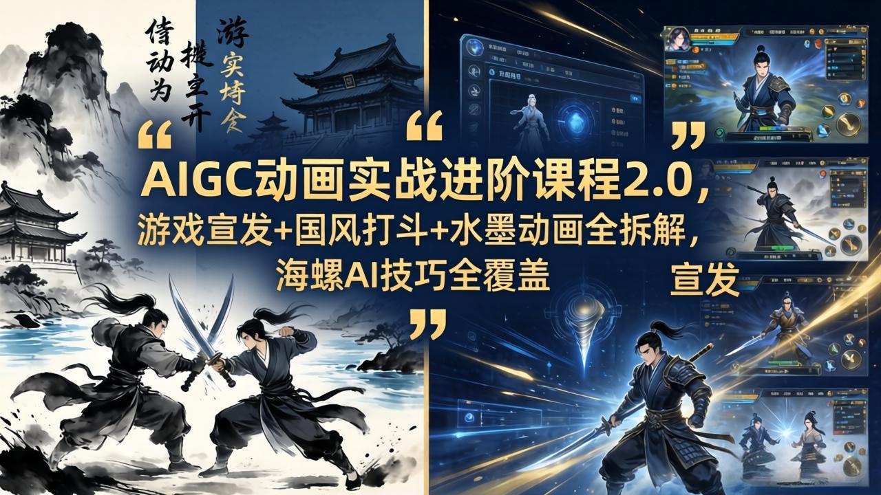 AIGC动画实战进阶课程2.0，游戏宣发+国风打斗+水墨动画全拆解，海螺AI技巧全覆盖-hcnxn