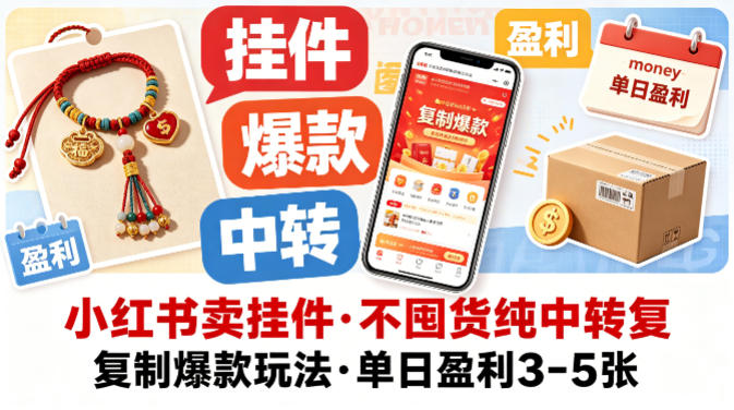 小红书卖挂件，不囤货纯中转复制爆款玩法，单日盈利3-5张-hcnxn