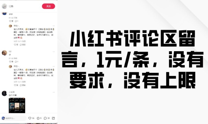 小红书评论区留言，1元条，没有要求，没有上限-hcnxn