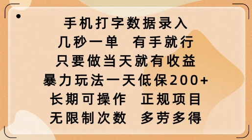 手机打字数据录入，几秒一单，有手就行，只要做当天就有收益，暴力玩法一天低保2张-hcnxn