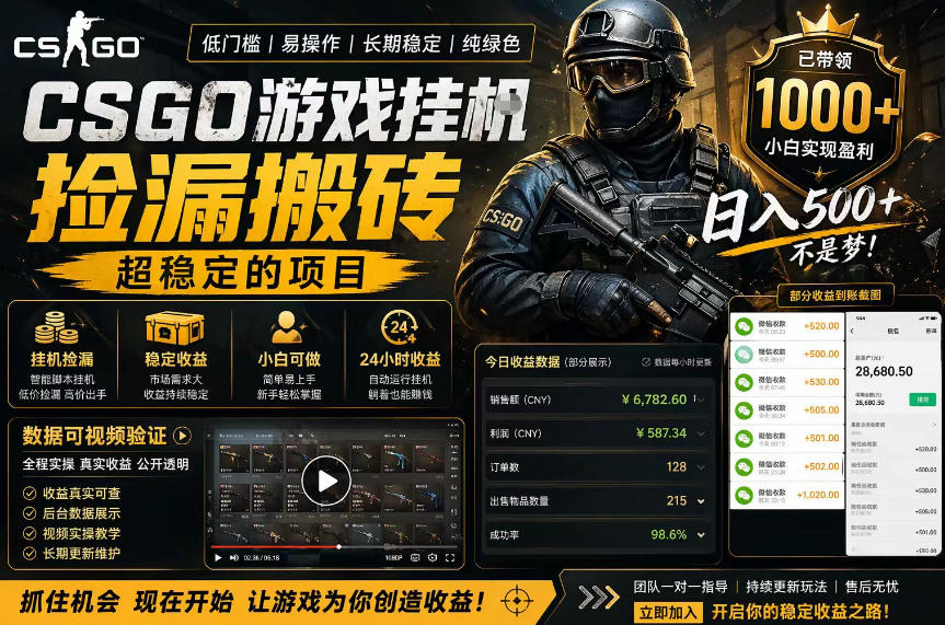 CSGO游戏搬砖，全自动挂G，不需要玩游戏，手机操作日入300+，解放双手【揭秘】-hcnxn