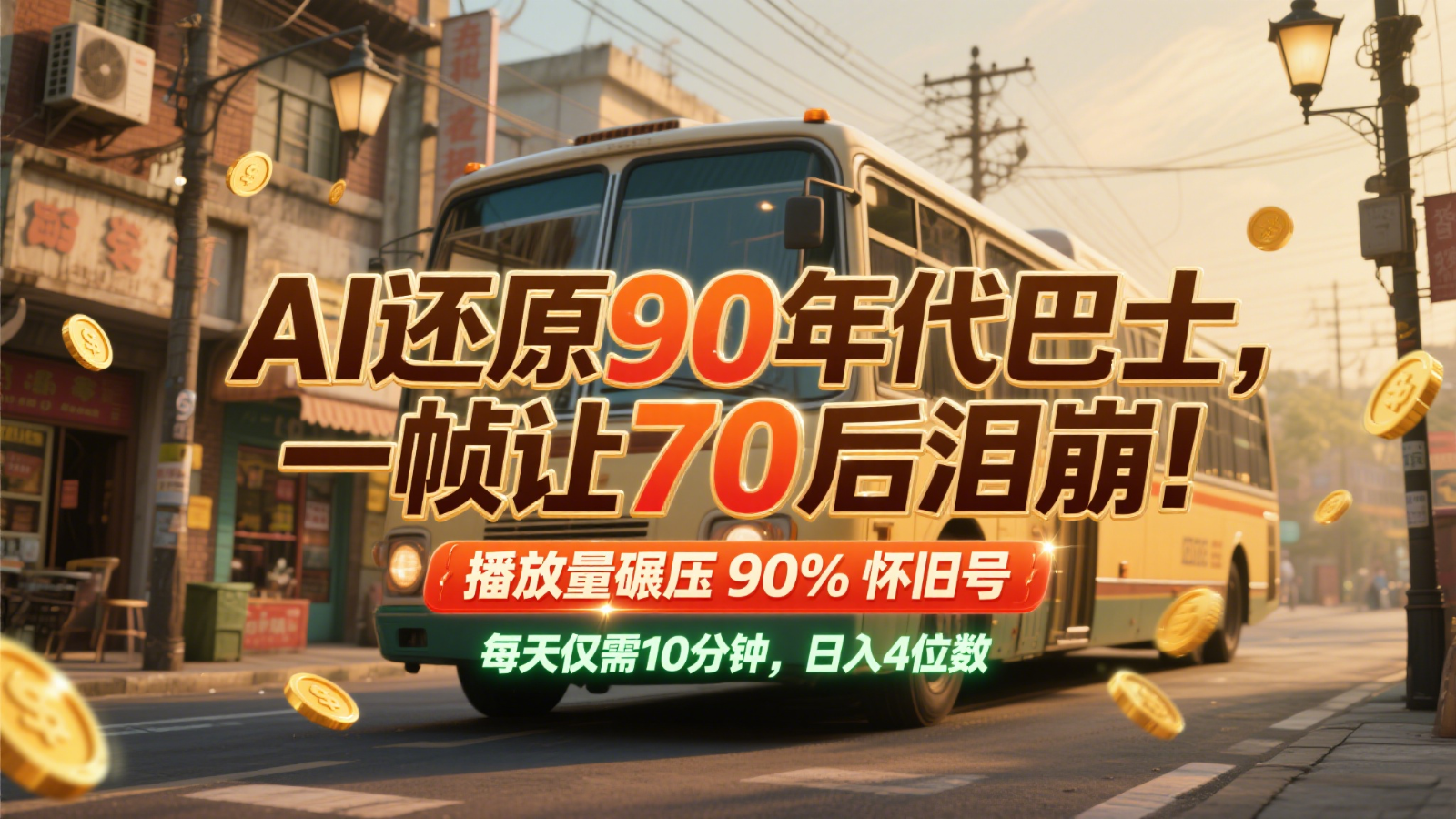AI还原90年代巴士，一帧让70后泪崩！播放量碾压90%怀旧号，每天10分钟，日入4位数-hcnxn