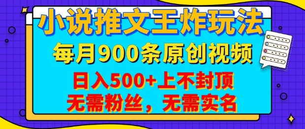 小说推文王炸玩法，一键代发，每月最多领900条原创视频，播放量收益日入5张，无需粉丝，无需实名【揭秘】-hcnxn