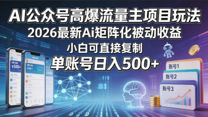 AI公众号高爆流量主项目玩法，2026最新Ai矩阵化被动收益，小白可直接复制，单账号日入500+-hcnxn