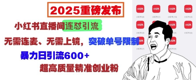 2025重磅发布：小红书直播间连怼引流，无需连麦、无需上镜，突破单号限制，暴力日引流600+-hcnxn