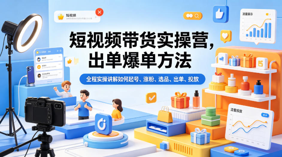 短视频带货实操营，出单爆单方法，全程实操讲解如何起号、涨粉、选品、出单、投放-hcnxn