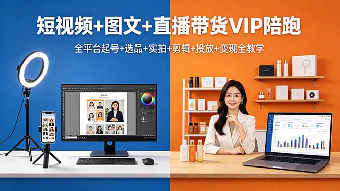 短视频+图文+直播带货VIP陪跑，全平台起号+选品+实拍+剪辑+投放+变现全教学-hcnxn