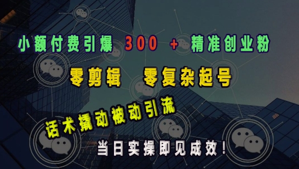 小额付费引爆 300 + 精准创业粉，零剪辑、零复杂起号，话术撬动被动引流，当日实操即见成效-hcnxn