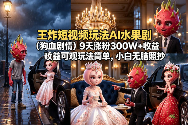 王炸短视频玩法AI水果剧(狗血剧情)9天涨粉300W+收益可观玩法简单，小白无脑照抄，详细拆解玩法-hcnxn