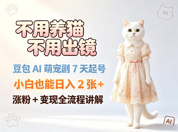 不用养猫不用出镜，豆包AI萌宠剧7天起号，小白也能日入2张+，涨粉+变现全流程讲解-hcnxn