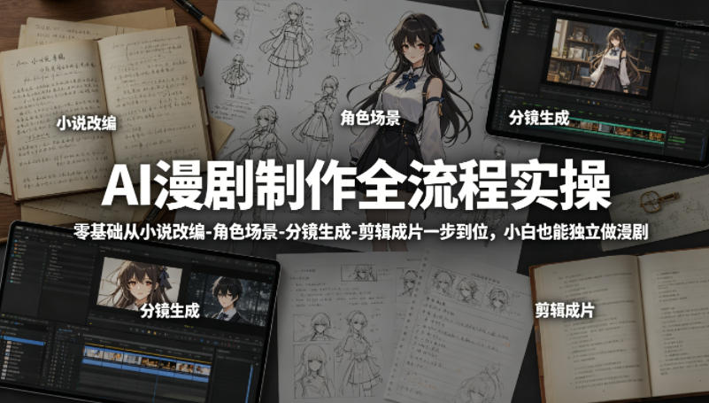 AI漫剧制作全流程实操，零基础从小说改编-角色场景-分镜生成-剪辑成片一步到位，小白也能独立做漫剧-hcnxn