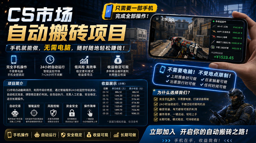 手机即可操作的CS市场自动搬砖系统｜自动监控｜自动下单|日入300+【揭秘】-hcnxn