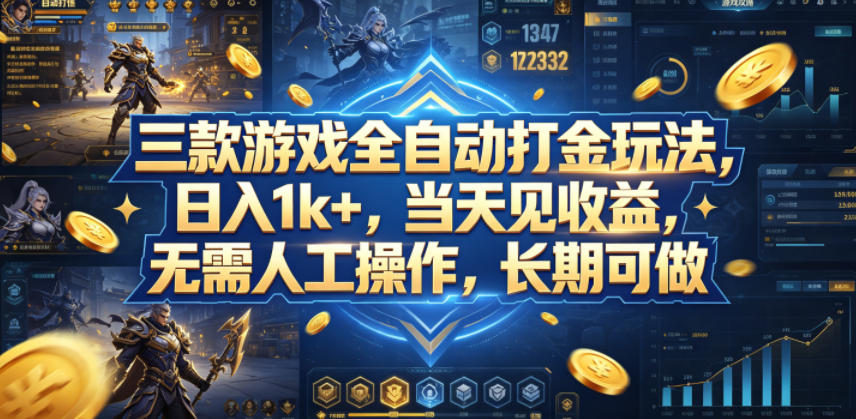 三款游戏全自动打金玩法，日入1k+，当天见收益，无需人工操作，长期可做【揭秘】-hcnxn