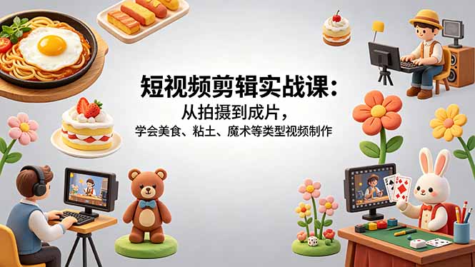 短视频剪辑实战课：从拍摄到成片，学会美食、粘土、魔术等类型视频制作-hcnxn