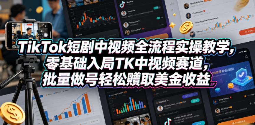 TikTok短剧中视频全流程实操教学，零基础入局TK中视频赛道，批量做号轻松賺取美金收益-hcnxn