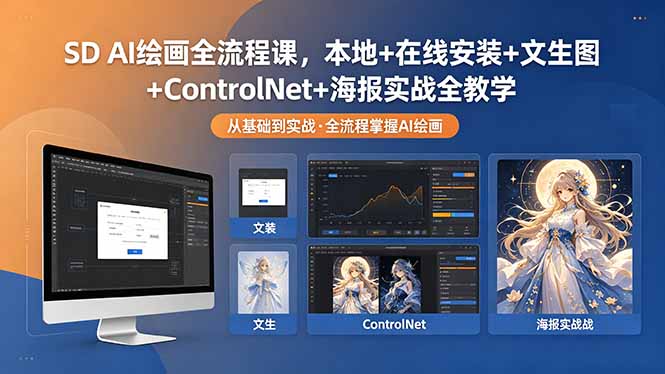 SD AI绘画全流程课，本地+在线安装+文生图+ControlNet+海报实战全教学-hcnxn