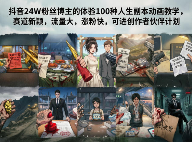 抖音24W粉丝博主的体验100种人生副本动画教学，赛道新颖，流量大，涨粉快，可进创作者伙伴计划-hcnxn