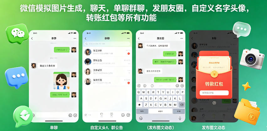 微信模拟图片生成，聊天，单聊群聊，发朋友圈，自定义名字头像，转账红包等所有功能都可以生成-hcnxn