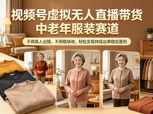 视频号虚拟无人直播带货中老年服装赛道，不用真人出镜、不用租场地，轻松实现持续出单稳定盈利-hcnxn