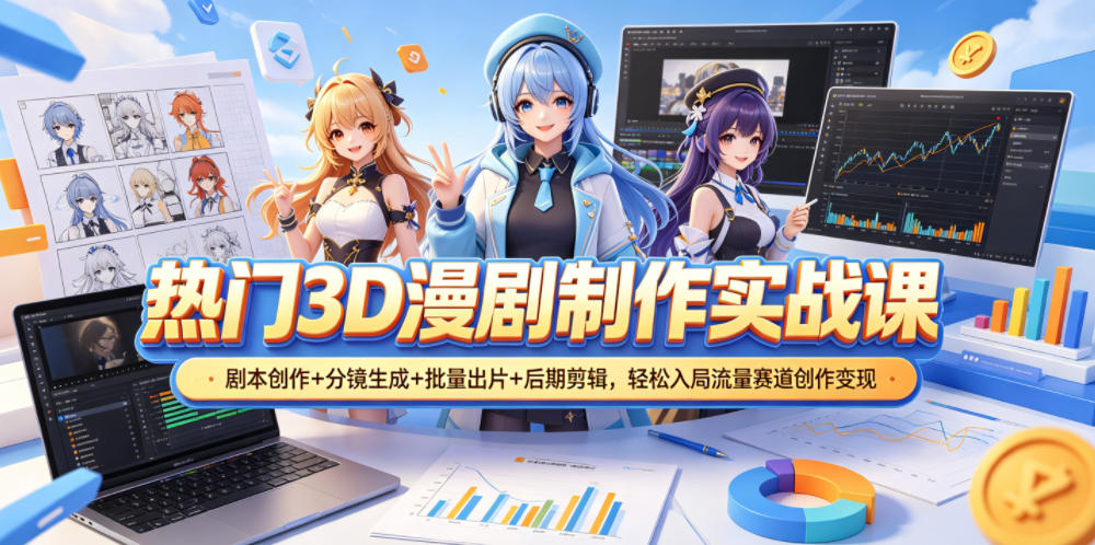 热门3D漫剧制作实战课，剧本创作+分镜生成+批量出片+后期剪辑，轻松入局流量赛道创作变现-hcnxn