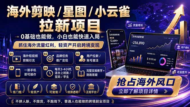 海外剪映 / 星图 / 小云雀拉新项目 普通人也能上手的跨境流量变现副业-hcnxn