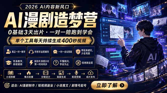 AI漫剧造梦营：0基础3天出片，单个工具每天持续生成400秒视频-hcnxn