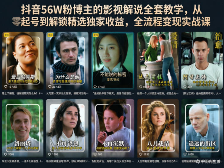 抖音56W粉博主的影视解说全套教学，从零起号到解锁精选独家收益，全流程变现实战课-hcnxn