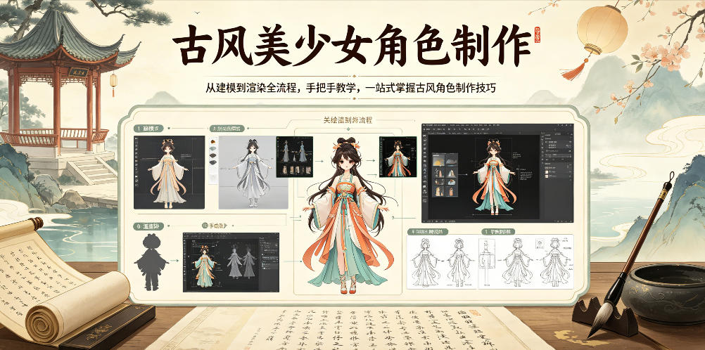 古风美少女角色制作，从建模到渲染全流程，手把手教学，一站式掌握古风角色制作技巧-hcnxn