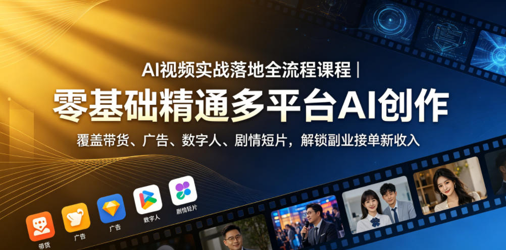 AI视频实战落地全流程课程｜零基础精通多平台AI创作，覆盖带货、广告、数字人、剧情短片，解锁副业接单新收入-hcnxn