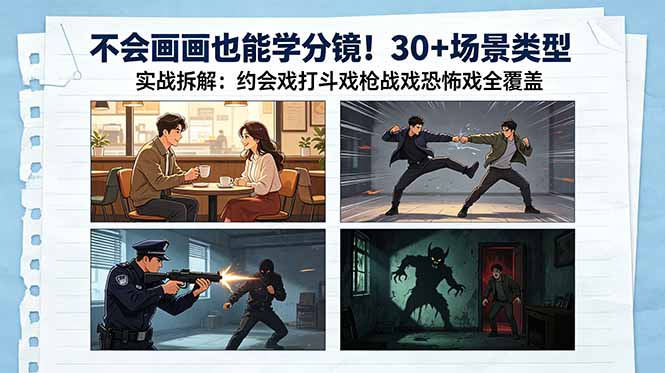 不会画画也能学分镜！30+场景类型实战拆解：约会戏打斗戏枪战戏恐怖戏全覆盖-hcnxn