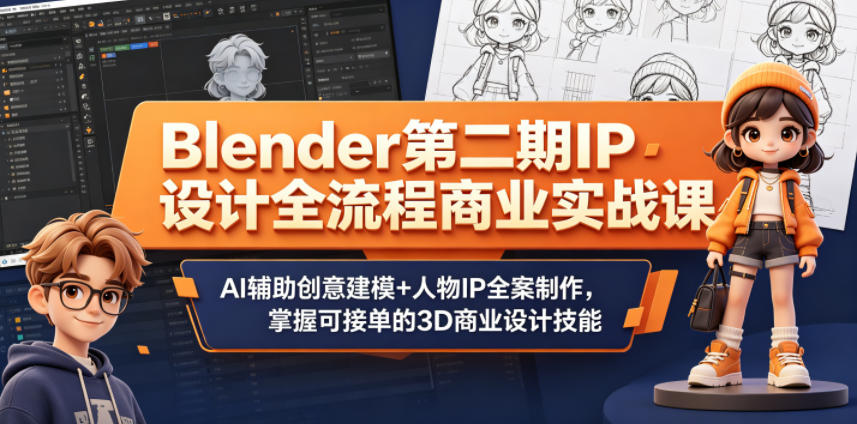 Blender第二期IP设计全流程商业实战课，AI辅助创意建模+人物IP全案制作，掌握可接单的3D商业设计技能-hcnxn