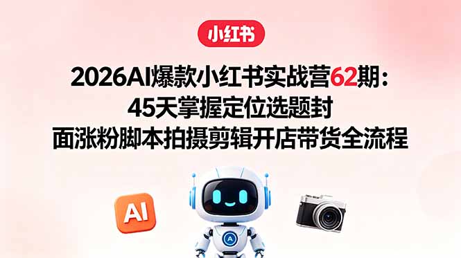 2026AI爆款小红书实战营62期：45天掌握定位选题封面涨粉脚本拍摄剪辑开店带货全流程-hcnxn