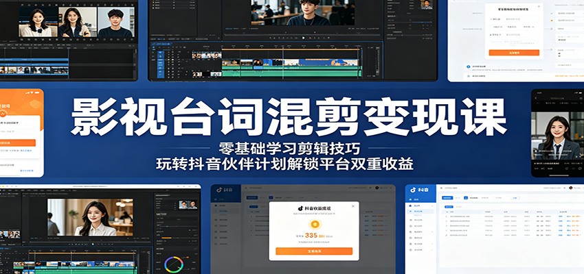 影视台词混剪变现课：零基础学习剪辑技巧，玩转抖音伙伴计划解锁平台双重收益-hcnxn