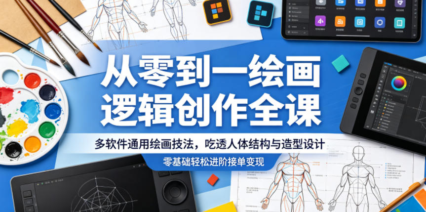 从零到一绘画逻辑创作全课，多软件通用绘画技法，吃透人体结构与造型设计，零基础轻松进阶接单变现-hcnxn