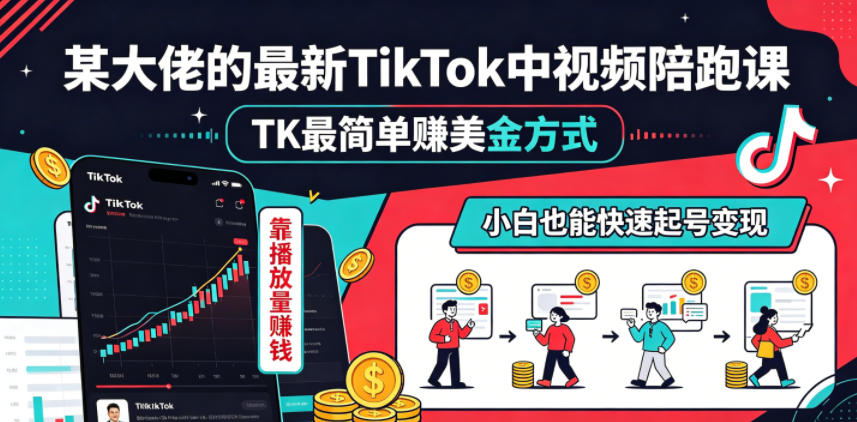 某大佬的最新TikTok中视频陪跑课，TK最简单賺美金方式，靠播放量賺钱，小白也能快速起号变现-hcnxn