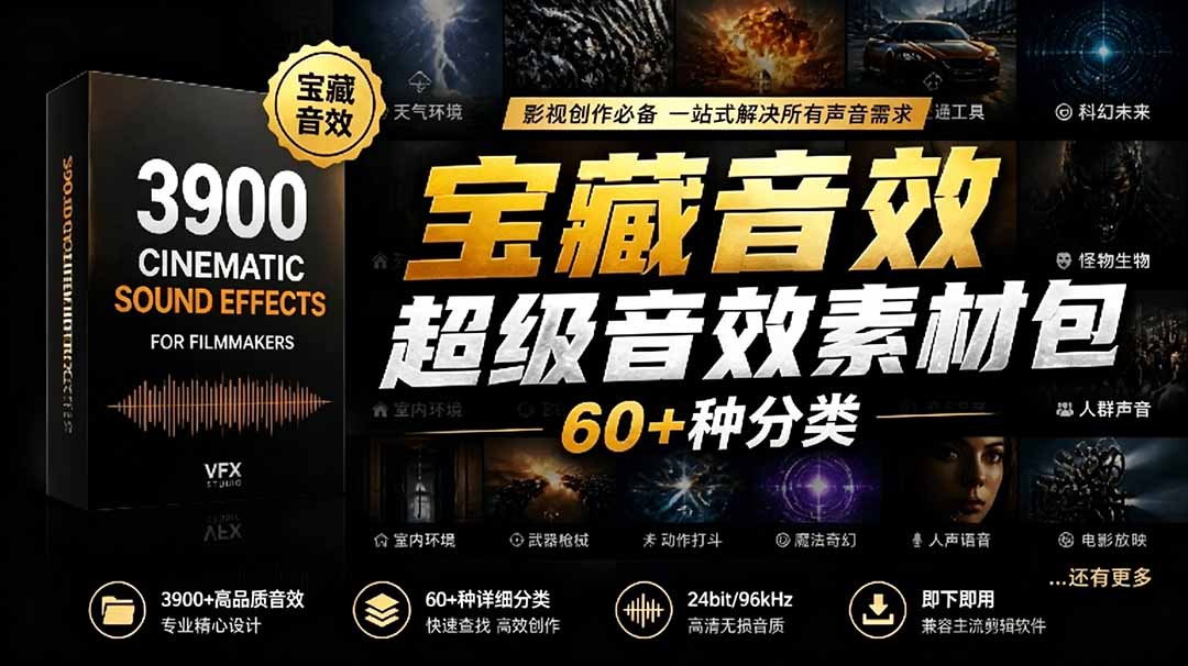 宝藏音效合集包！60+多种音效分类，共计3900个，分类清晰，全中文分类，高品质剪辑音效素材包-hcnxn