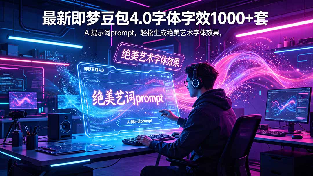 最新即梦豆包4.0字体字效1000+套，AI提示词prompt，轻松生成绝美艺术字体效果-hcnxn