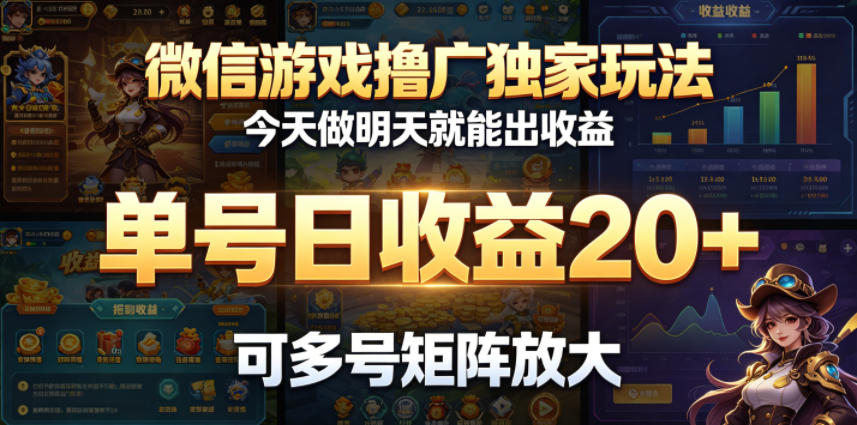 微信游戏撸广独家玩法，今天做明天就能出收益，单号日收益20+，可多号矩阵放大-hcnxn