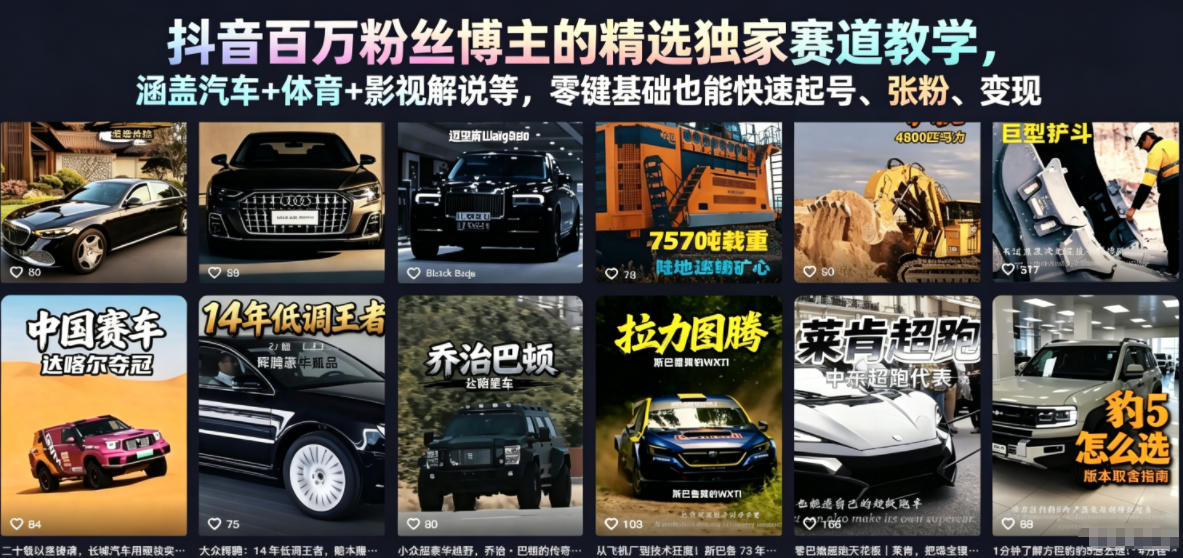 抖音百万粉丝博主的精选独家赛道教学，涵盖汽车+体育+影视解说等，零基础也能快速起号、涨粉、变现-hcnxn