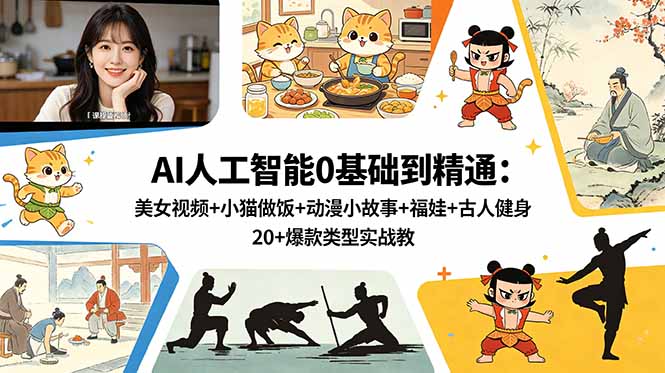 AI人工智能0基础到精通：美女视频+小猫做饭+动漫小故事+福娃+古人健身，20+爆款类型实战教学-hcnxn