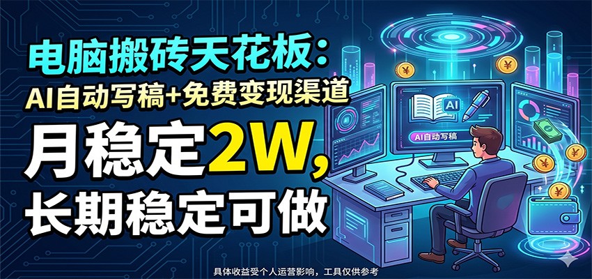 电脑搬砖天花板：AI自动写稿+免费变现渠道，月稳定2W，长期稳定可做-hcnxn