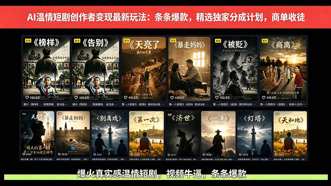 AI温情短剧创作者变现最新玩法：视频牛逼，条条爆款，精选独家分成计划，商单收徒-hcnxn