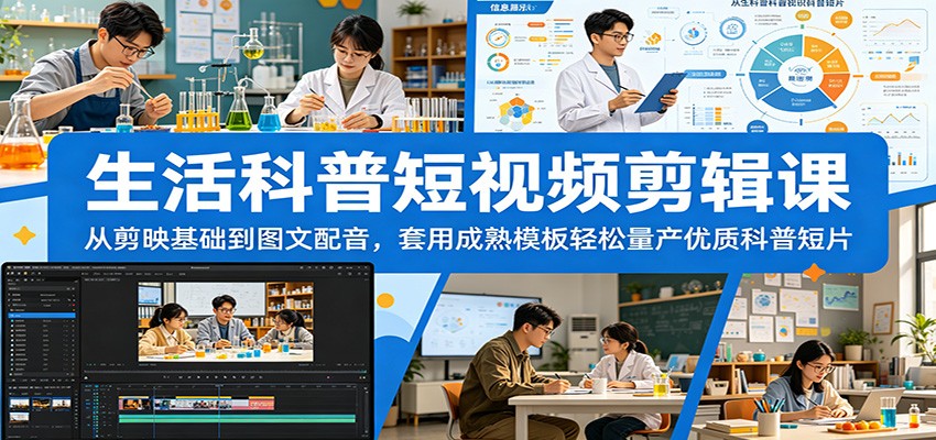 生活科普短视频剪辑课：从剪映基础到图文配音，套用成熟模板轻松量产优质科普短片-hcnxn