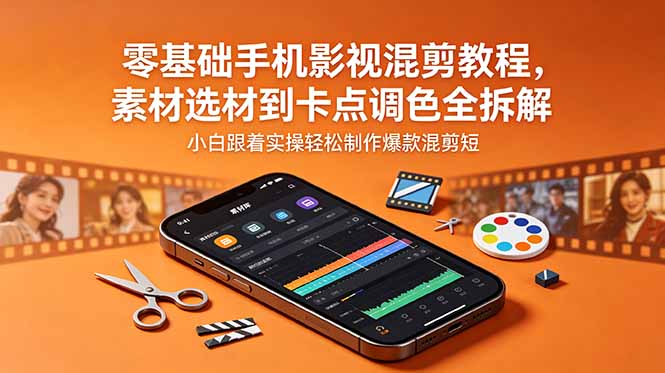 零基础手机影视混剪教程，素材选材到卡点调色全拆解，小白跟着实操轻松制作爆款混剪短片-hcnxn