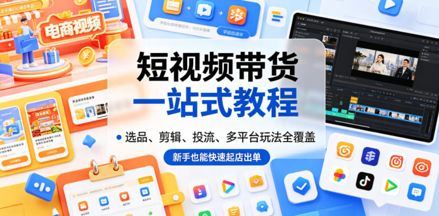 短视频带货一站式教程，选品、剪辑、投流、多平台玩法全覆盖，新手也能快速起店出单-hcnxn