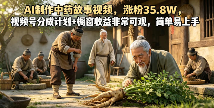 AI制作中药故事视频，涨粉35.8W，视频号分成计划+橱窗收益非常可观，简单易上手-hcnxn